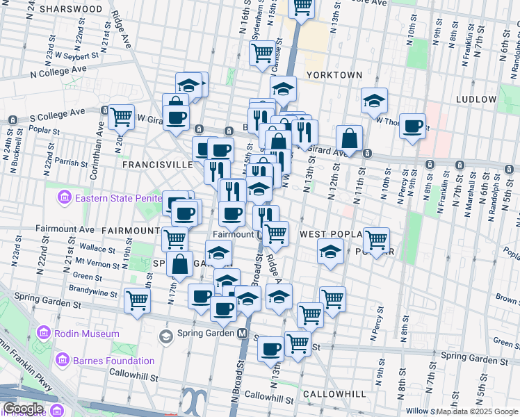 map of restaurants, bars, coffee shops, grocery stores, and more near 804 North Broad Street in Philadelphia