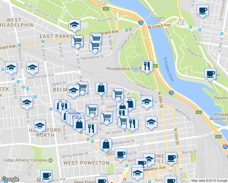 map of restaurants, bars, coffee shops, grocery stores, and more near 3802 Reno Street in Philadelphia