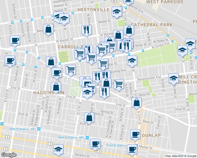 map of restaurants, bars, coffee shops, grocery stores, and more near 530 North Vogdes Street in Philadelphia
