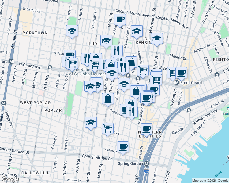 map of restaurants, bars, coffee shops, grocery stores, and more near 988 North 5th Street in Philadelphia