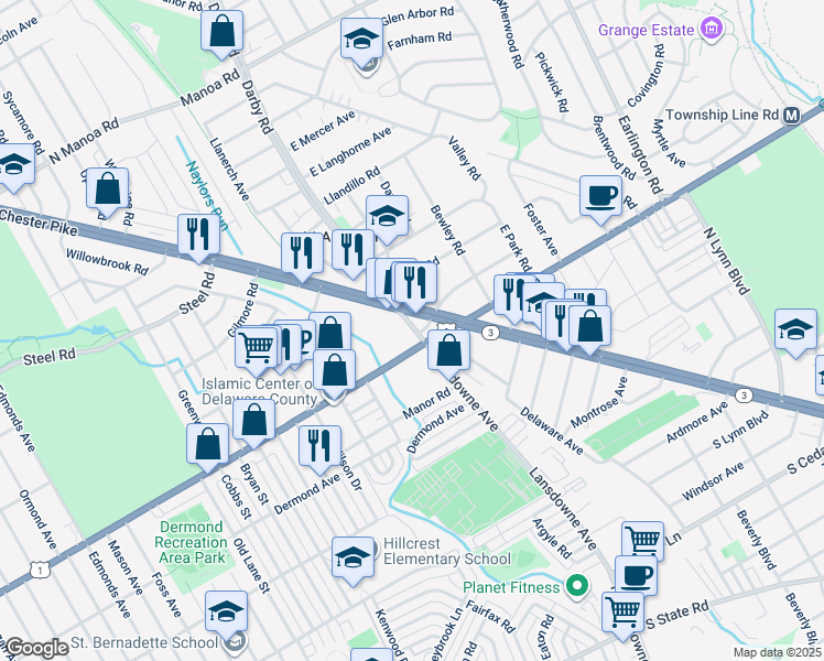 map of restaurants, bars, coffee shops, grocery stores, and more near 20 Darby Road in Havertown