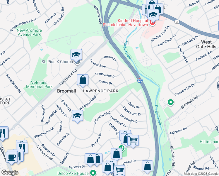 map of restaurants, bars, coffee shops, grocery stores, and more near 224 North Central Boulevard in Broomall