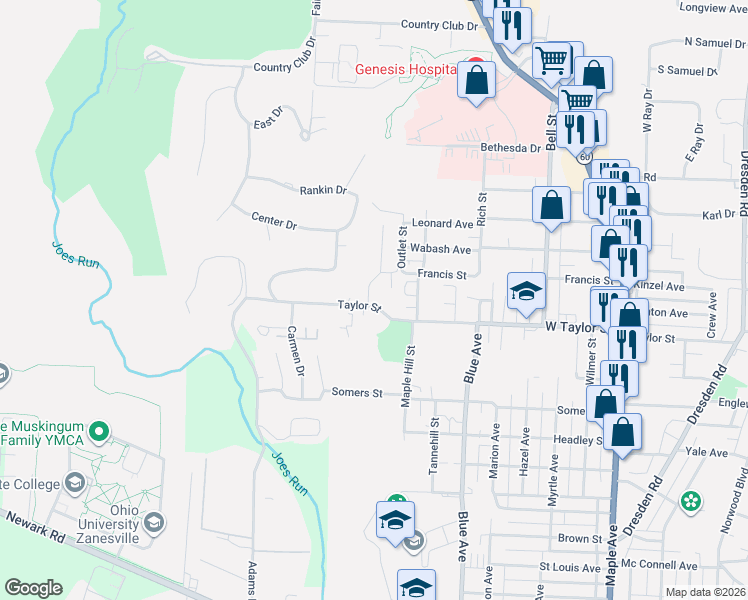 map of restaurants, bars, coffee shops, grocery stores, and more near 2410 Francis Street in Zanesville