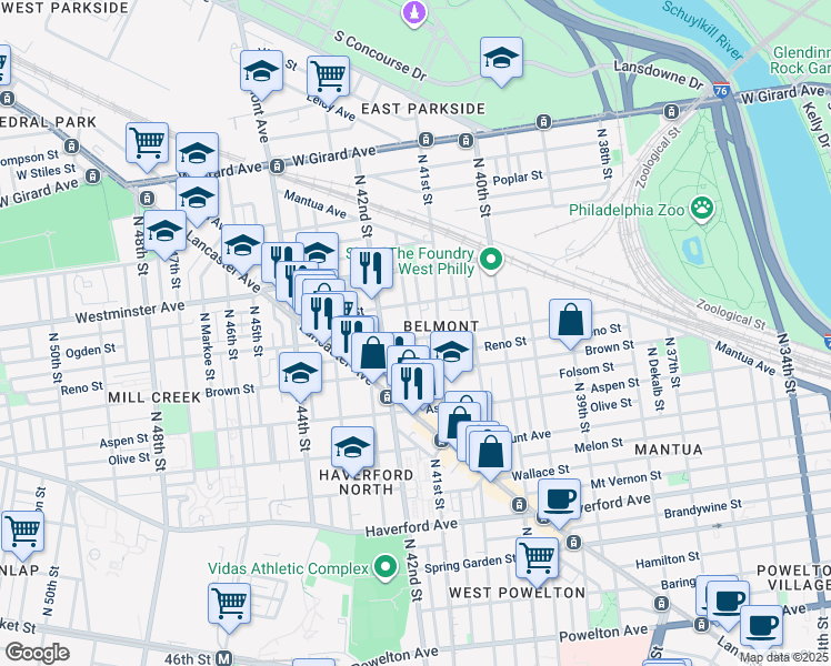 map of restaurants, bars, coffee shops, grocery stores, and more near 4117 Parrish Street in Philadelphia