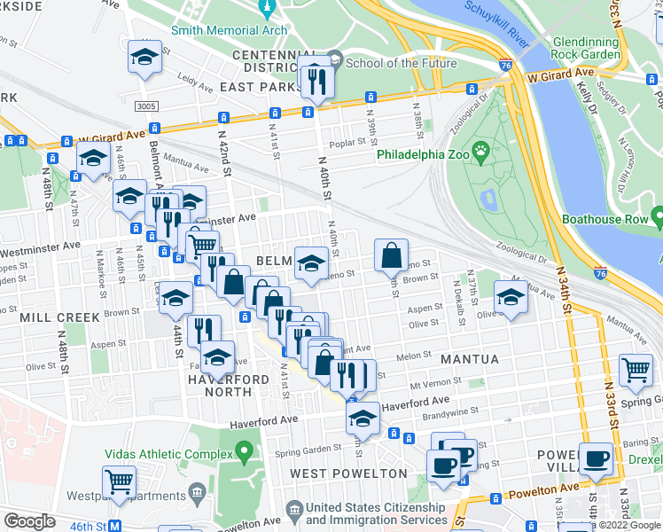 map of restaurants, bars, coffee shops, grocery stores, and more near 828 North 40th Street in Philadelphia