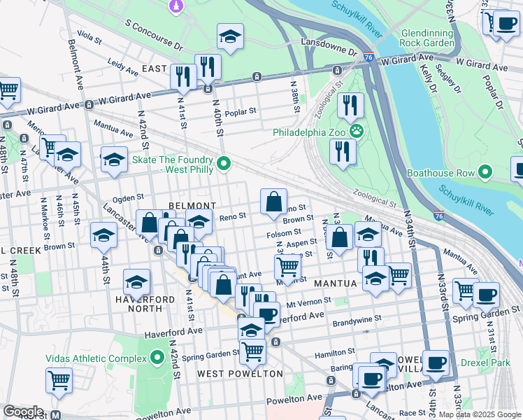 map of restaurants, bars, coffee shops, grocery stores, and more near 3925 Reno Street in Philadelphia