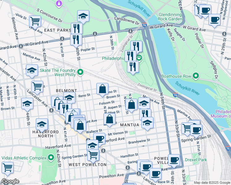map of restaurants, bars, coffee shops, grocery stores, and more near 3802 Reno Street in Philadelphia