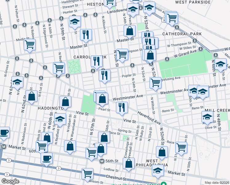 map of restaurants, bars, coffee shops, grocery stores, and more near 5521 Wyalusing Avenue in Philadelphia