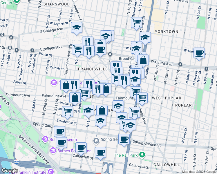 map of restaurants, bars, coffee shops, grocery stores, and more near 1700 Francis Street in Philadelphia