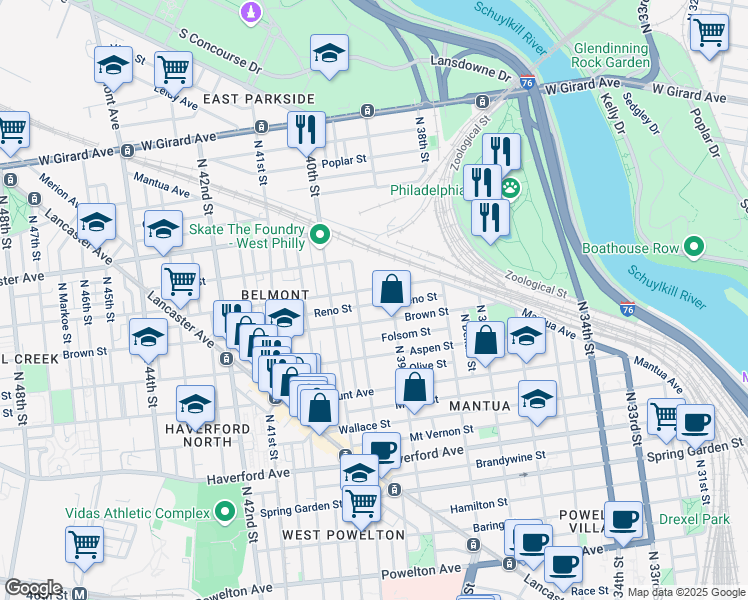 map of restaurants, bars, coffee shops, grocery stores, and more near 3925 Reno Street in Philadelphia