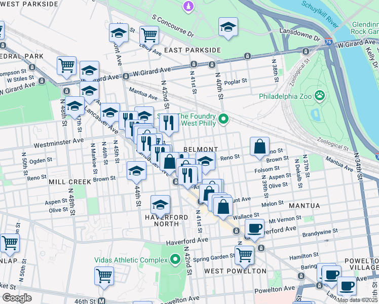 map of restaurants, bars, coffee shops, grocery stores, and more near 4117 Parrish Street in Philadelphia