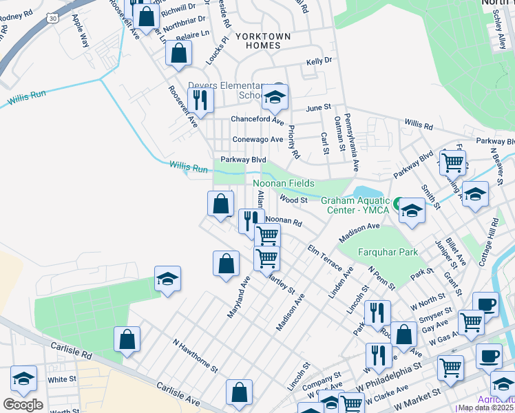 map of restaurants, bars, coffee shops, grocery stores, and more near 522 Atlantic Avenue in York