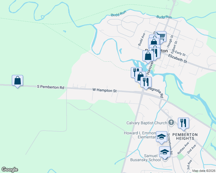 map of restaurants, bars, coffee shops, grocery stores, and more near 44 West Hampton Street in Pemberton Township