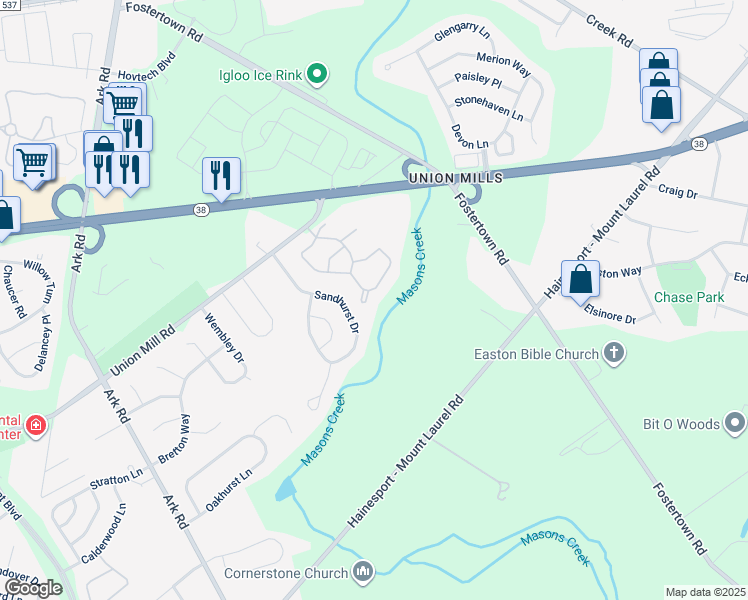 map of restaurants, bars, coffee shops, grocery stores, and more near 1601A Yarmouth Lane in Mount Laurel Township