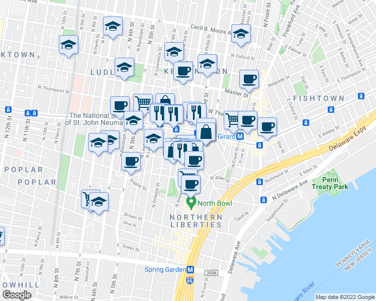 map of restaurants, bars, coffee shops, grocery stores, and more near 1151 North 3rd Street in Philadelphia