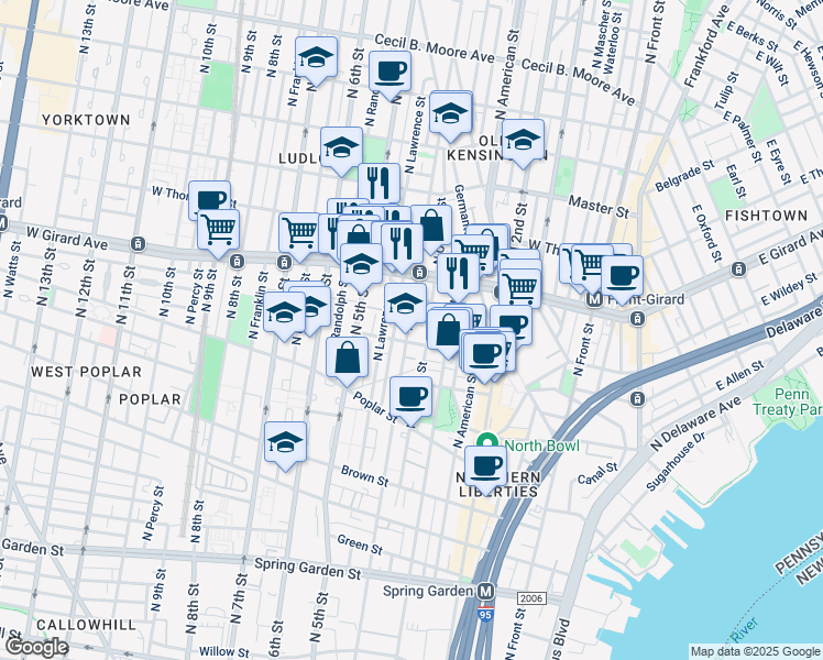 map of restaurants, bars, coffee shops, grocery stores, and more near 1040 North Leithgow Street in Philadelphia