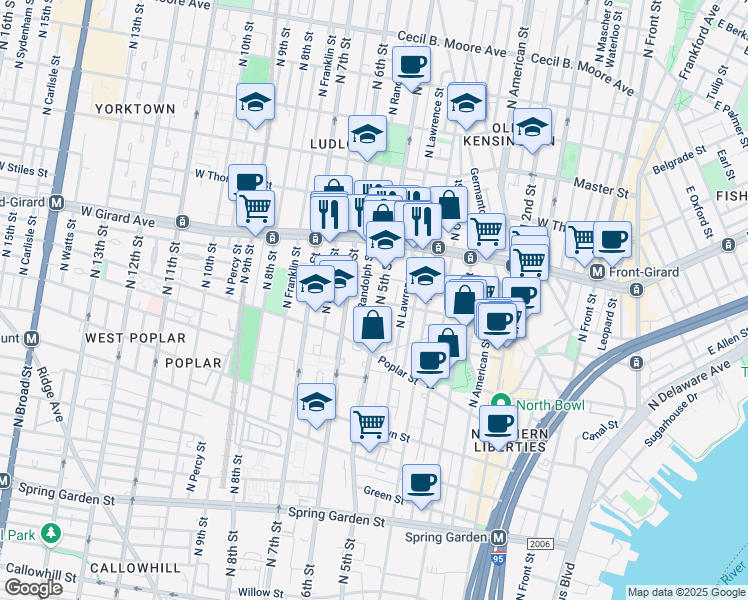 map of restaurants, bars, coffee shops, grocery stores, and more near 960 North 5th Street in Philadelphia