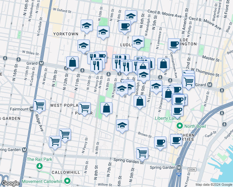 map of restaurants, bars, coffee shops, grocery stores, and more near 994 North Marshall Street in Philadelphia