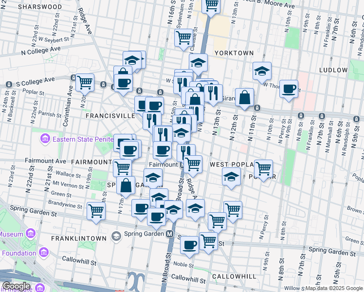 map of restaurants, bars, coffee shops, grocery stores, and more near 804 North Broad Street in Philadelphia