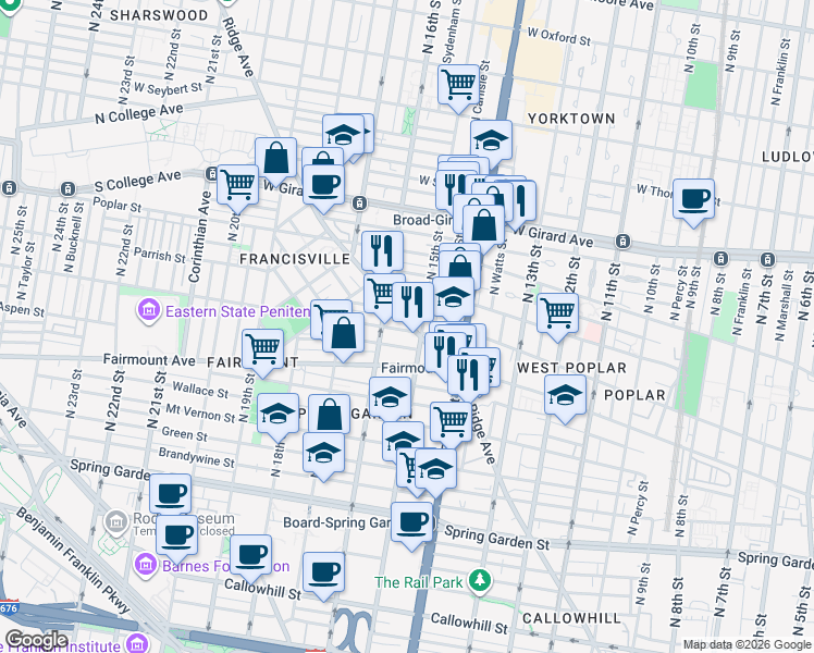 map of restaurants, bars, coffee shops, grocery stores, and more near 1504 Parrish Street in Philadelphia