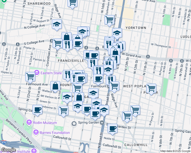 map of restaurants, bars, coffee shops, grocery stores, and more near 1530-32 Parrish Street in Philadelphia