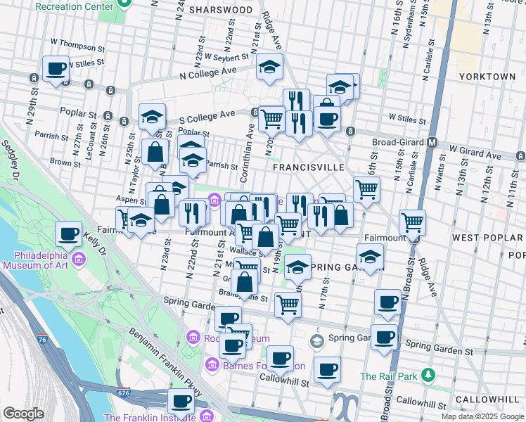 map of restaurants, bars, coffee shops, grocery stores, and more near 1932 Brown Street in Philadelphia