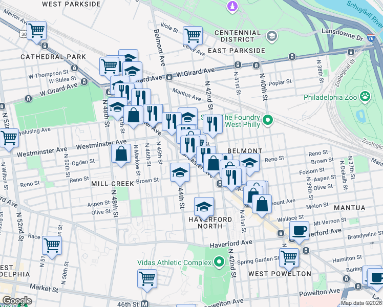 map of restaurants, bars, coffee shops, grocery stores, and more near 4255 Ogden Street in Philadelphia