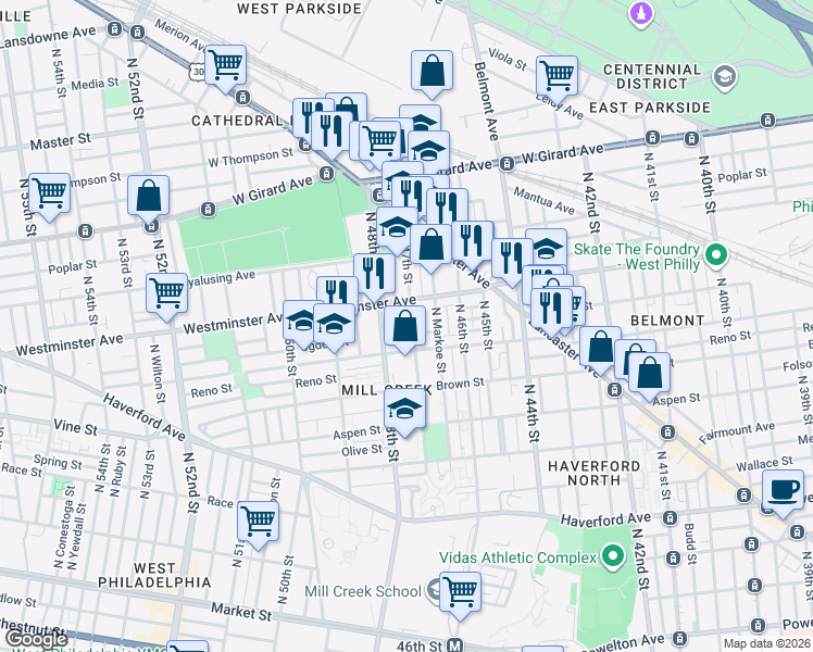 map of restaurants, bars, coffee shops, grocery stores, and more near 4700 Westminster Avenue in Philadelphia