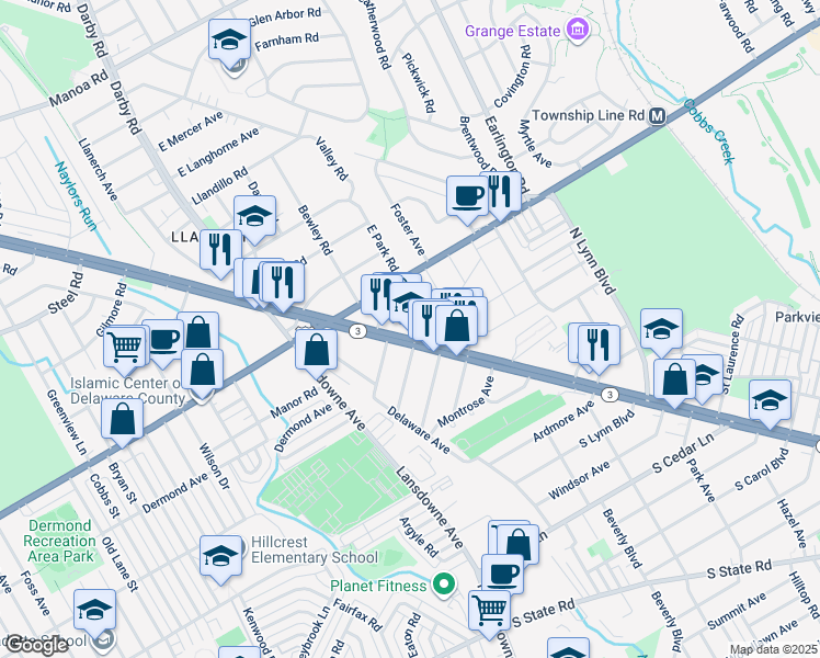 map of restaurants, bars, coffee shops, grocery stores, and more near in Delaware County