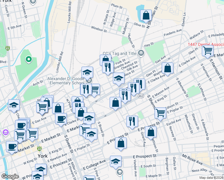 map of restaurants, bars, coffee shops, grocery stores, and more near 538 Wallace Street in York