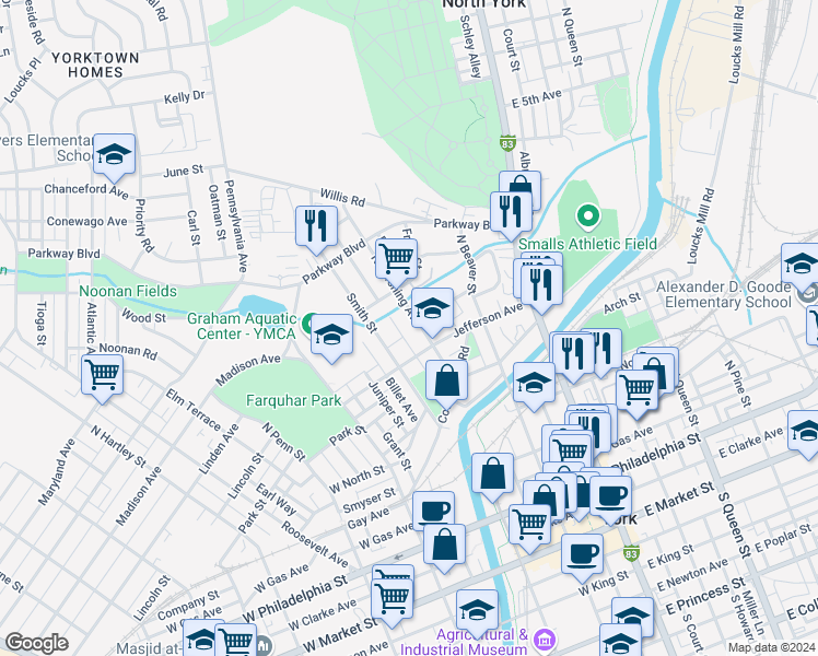 map of restaurants, bars, coffee shops, grocery stores, and more near 181 Lincoln Street in York