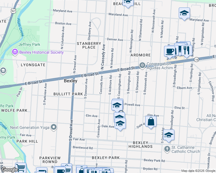 map of restaurants, bars, coffee shops, grocery stores, and more near 47 South Ardmore Road in Columbus