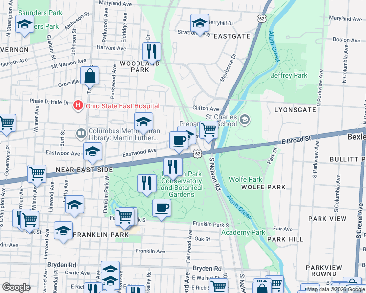map of restaurants, bars, coffee shops, grocery stores, and more near 1806 East Long Street in Columbus