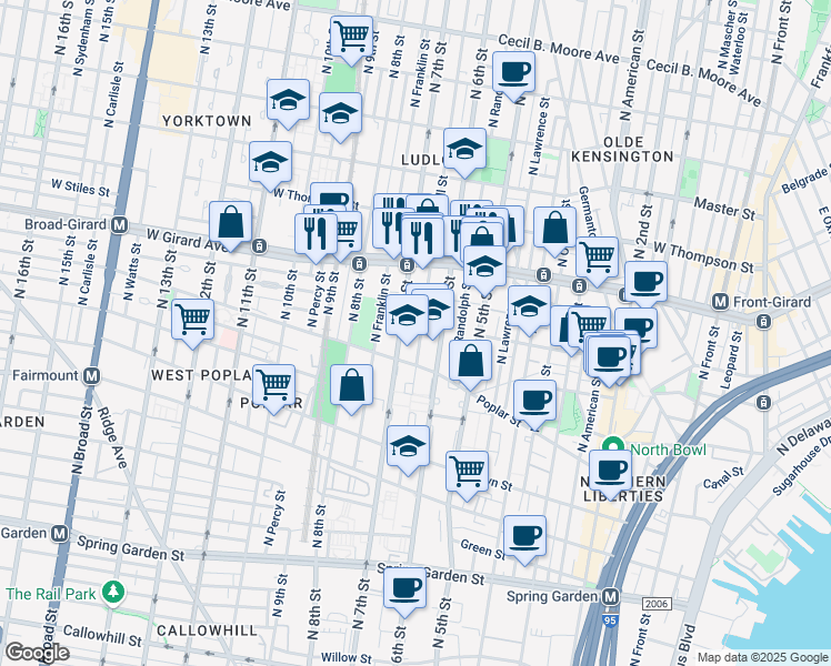 map of restaurants, bars, coffee shops, grocery stores, and more near 994 North Marshall Street in Philadelphia