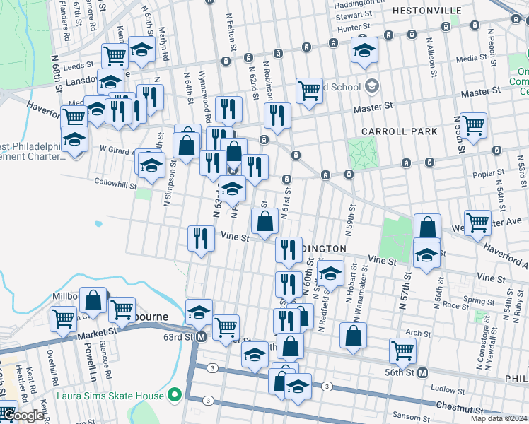 map of restaurants, bars, coffee shops, grocery stores, and more near 6134 Callowhill Street in Philadelphia