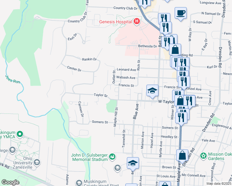 map of restaurants, bars, coffee shops, grocery stores, and more near 2454 Hartford Avenue in Zanesville