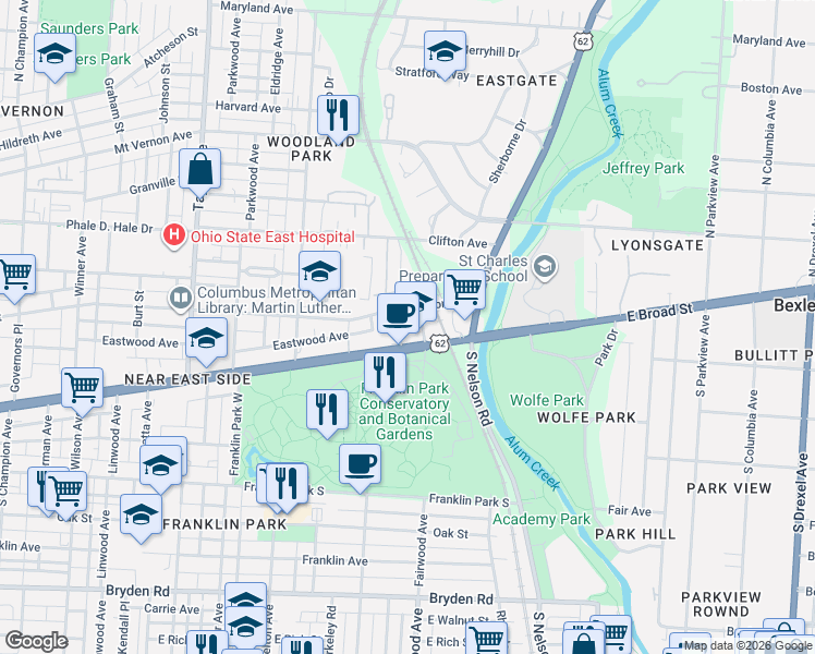map of restaurants, bars, coffee shops, grocery stores, and more near 1806 East Long Street in Columbus