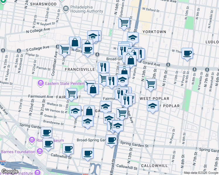 map of restaurants, bars, coffee shops, grocery stores, and more near 1504 Parrish Street in Philadelphia