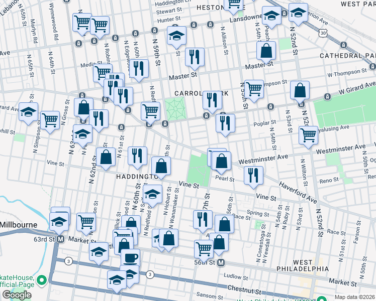 map of restaurants, bars, coffee shops, grocery stores, and more near 516 North 58th Street in Philadelphia