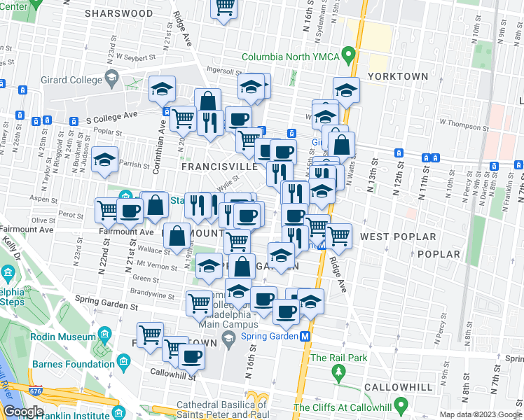 map of restaurants, bars, coffee shops, grocery stores, and more near 1622 Brown Street in Philadelphia
