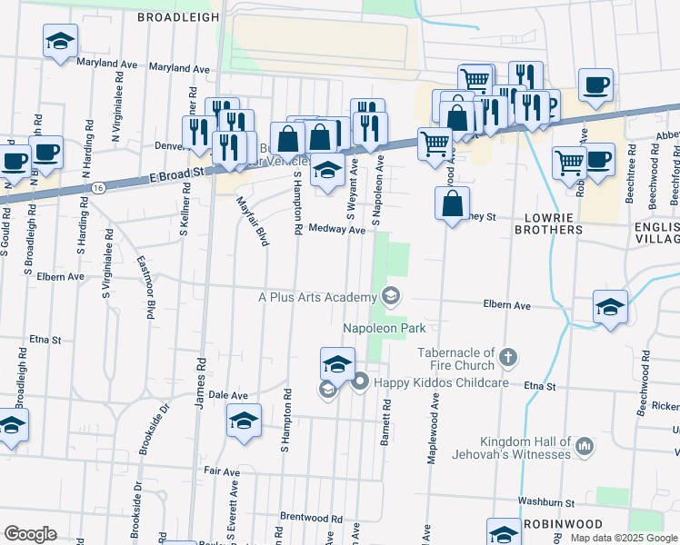 map of restaurants, bars, coffee shops, grocery stores, and more near 165 South Weyant Avenue in Columbus