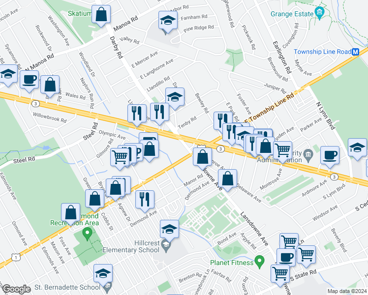 map of restaurants, bars, coffee shops, grocery stores, and more near 20 Darby Road in Havertown