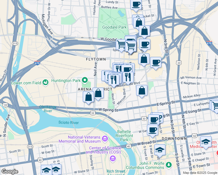 map of restaurants, bars, coffee shops, grocery stores, and more near 2700 Impound Lot Road in Columbus