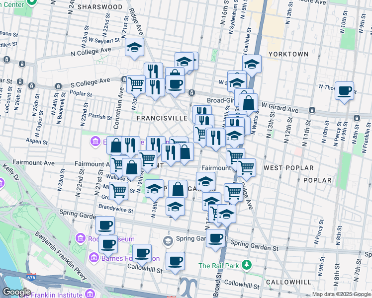 map of restaurants, bars, coffee shops, grocery stores, and more near 1700 Francis Street in Philadelphia