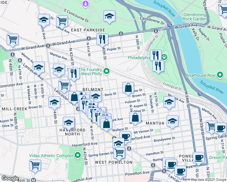 map of restaurants, bars, coffee shops, grocery stores, and more near 3962 Parrish Street in Philadelphia