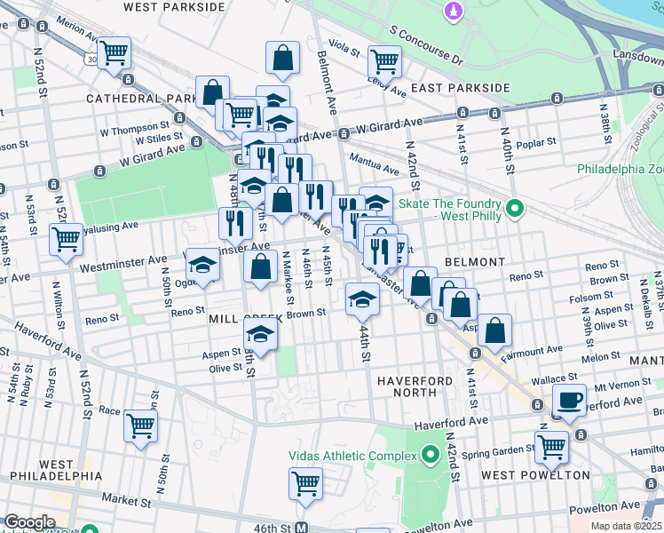 map of restaurants, bars, coffee shops, grocery stores, and more near 855 North 45th Street in Philadelphia