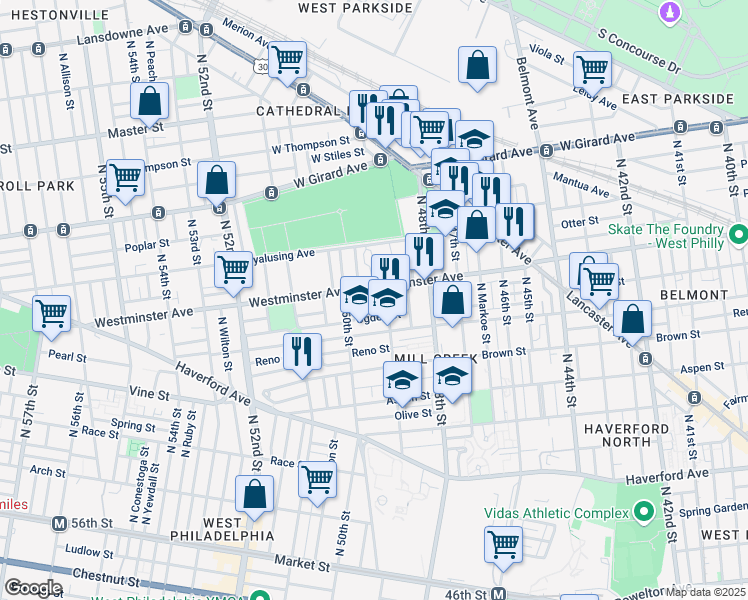 map of restaurants, bars, coffee shops, grocery stores, and more near 4915 Hoopes Street in Philadelphia