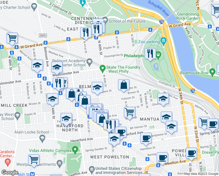 map of restaurants, bars, coffee shops, grocery stores, and more near 3962 Parrish Street in Philadelphia