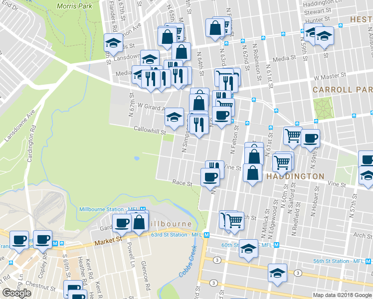 map of restaurants, bars, coffee shops, grocery stores, and more near 311 North Simpson Street in Philadelphia