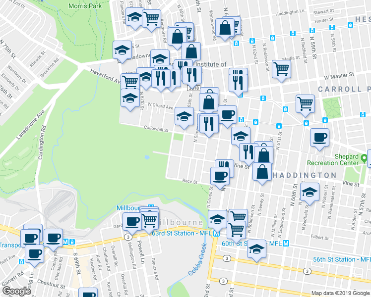 map of restaurants, bars, coffee shops, grocery stores, and more near 303 North 65th Street in Philadelphia